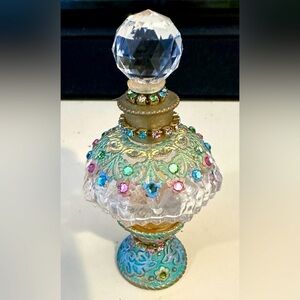 Vintage Handmade Ornate Crystal Glass Perfume Bottle Accent Bejeweled Brass Dab